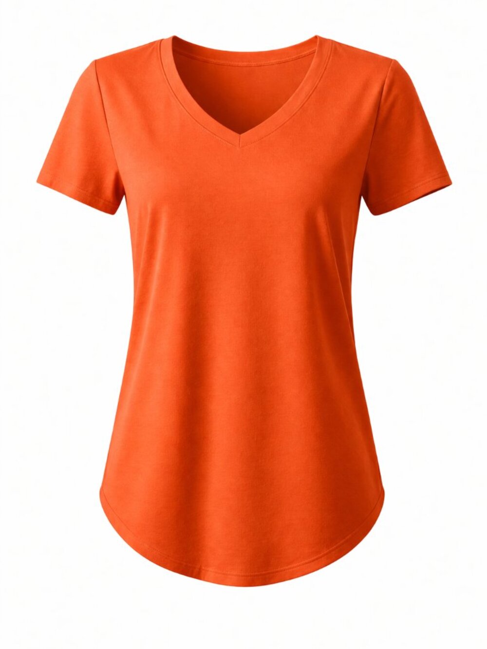 Women's V Neck Short Sleeve Summer T Shirts Curved Hem, ORANGE, Size XL